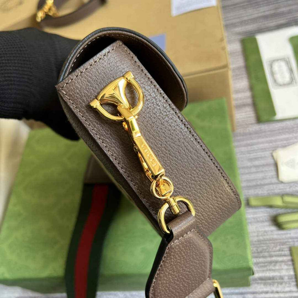 Gucci ‎658574 Horsebit 1955 jumbo GG mini bag Camel and ebony jumbo GG canvas