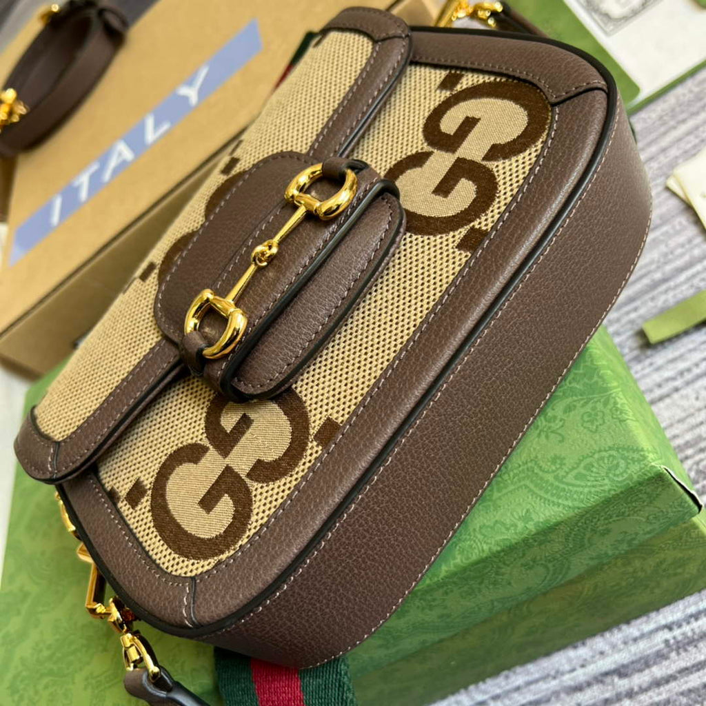 Gucci ‎658574 Horsebit 1955 jumbo GG mini bag Camel and ebony jumbo GG canvas