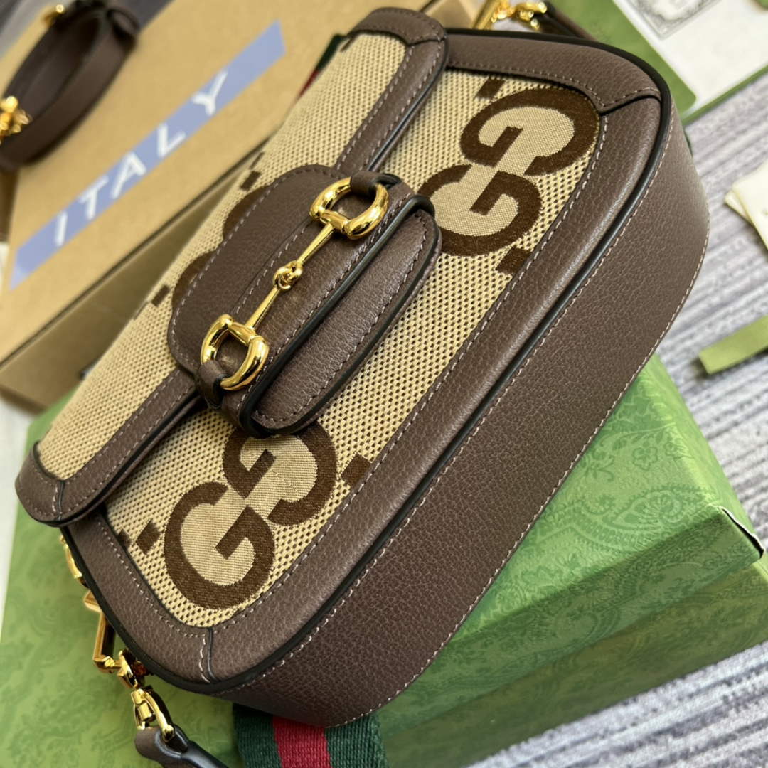 Gucci ‎658574 Horsebit 1955 jumbo GG mini bag Camel and ebony jumbo GG canvas