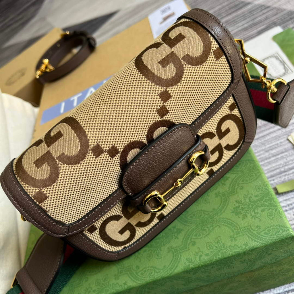 Gucci ‎658574 Horsebit 1955 jumbo GG mini bag Camel and ebony jumbo GG canvas