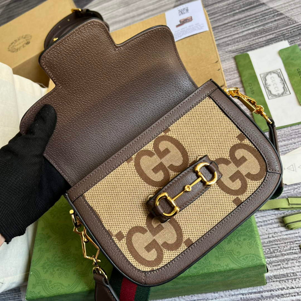 Gucci ‎658574 Horsebit 1955 jumbo GG mini bag Camel and ebony jumbo GG canvas