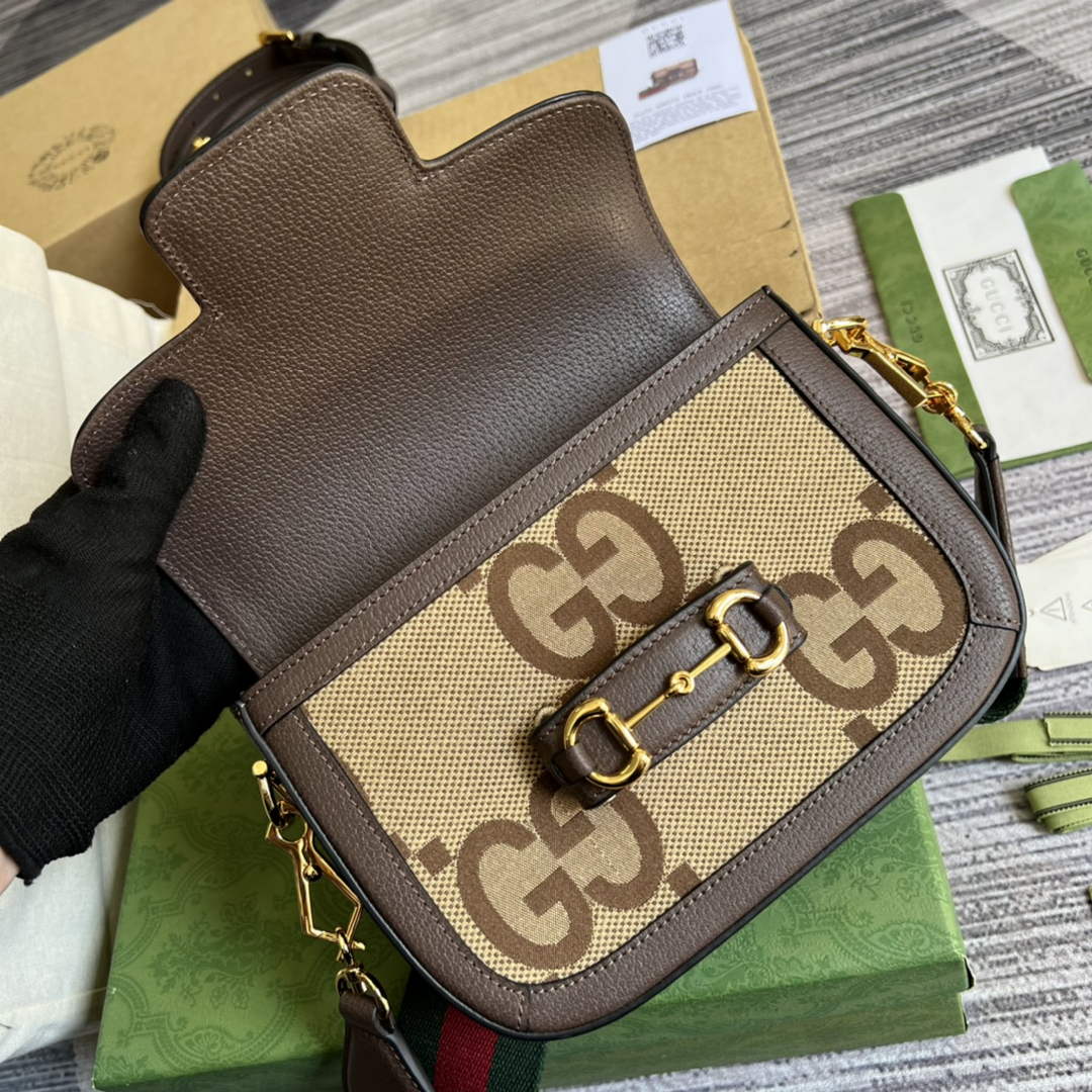 Gucci ‎658574 Horsebit 1955 jumbo GG mini bag Camel and ebony jumbo GG canvas
