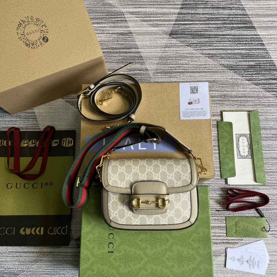Gucci 658574 Horsebit 1955 GG mini bag Beige and white GG Supreme canvas