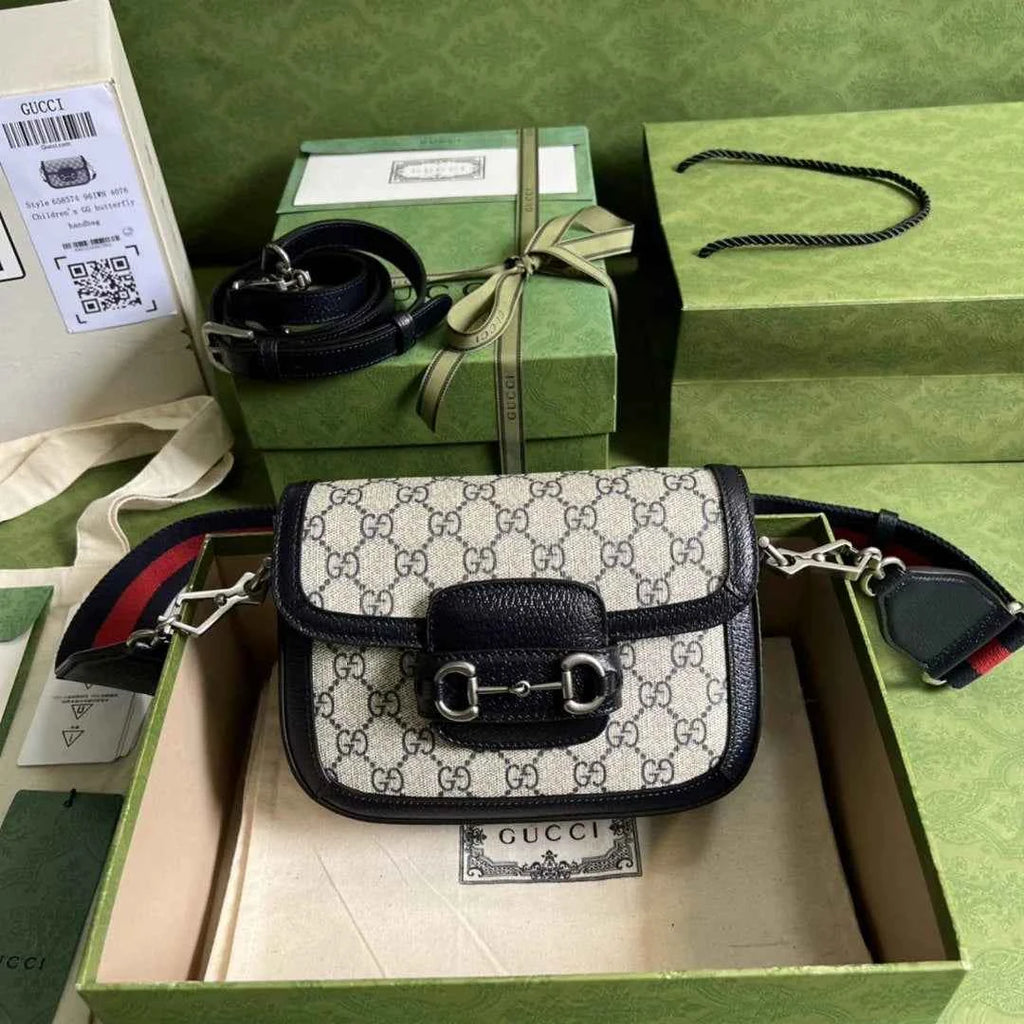 Gucci 658574 Horsebit 1955 GG mini bag Beige and blue GG Supreme canvas