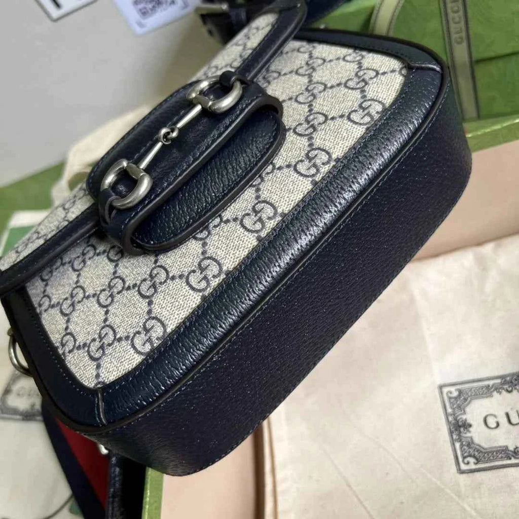 Gucci 658574 Horsebit 1955 GG mini bag Beige and blue GG Supreme canvas
