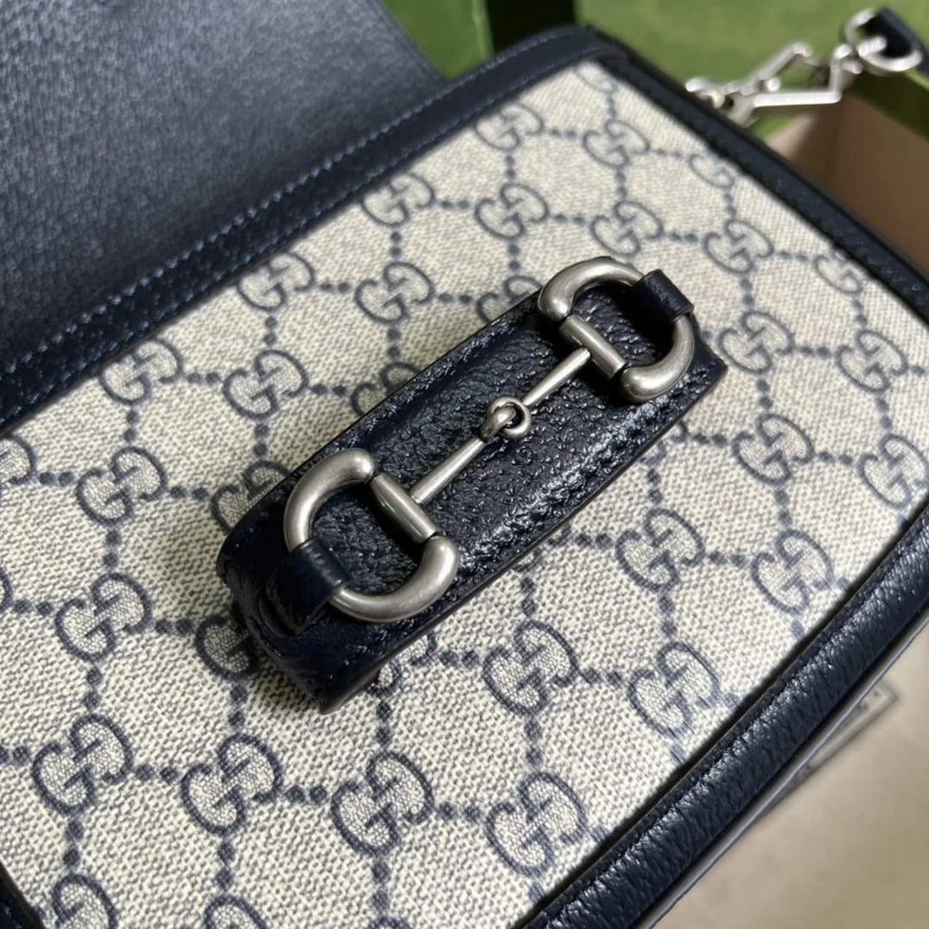 Gucci 658574 Horsebit 1955 GG mini bag Beige and blue GG Supreme canvas