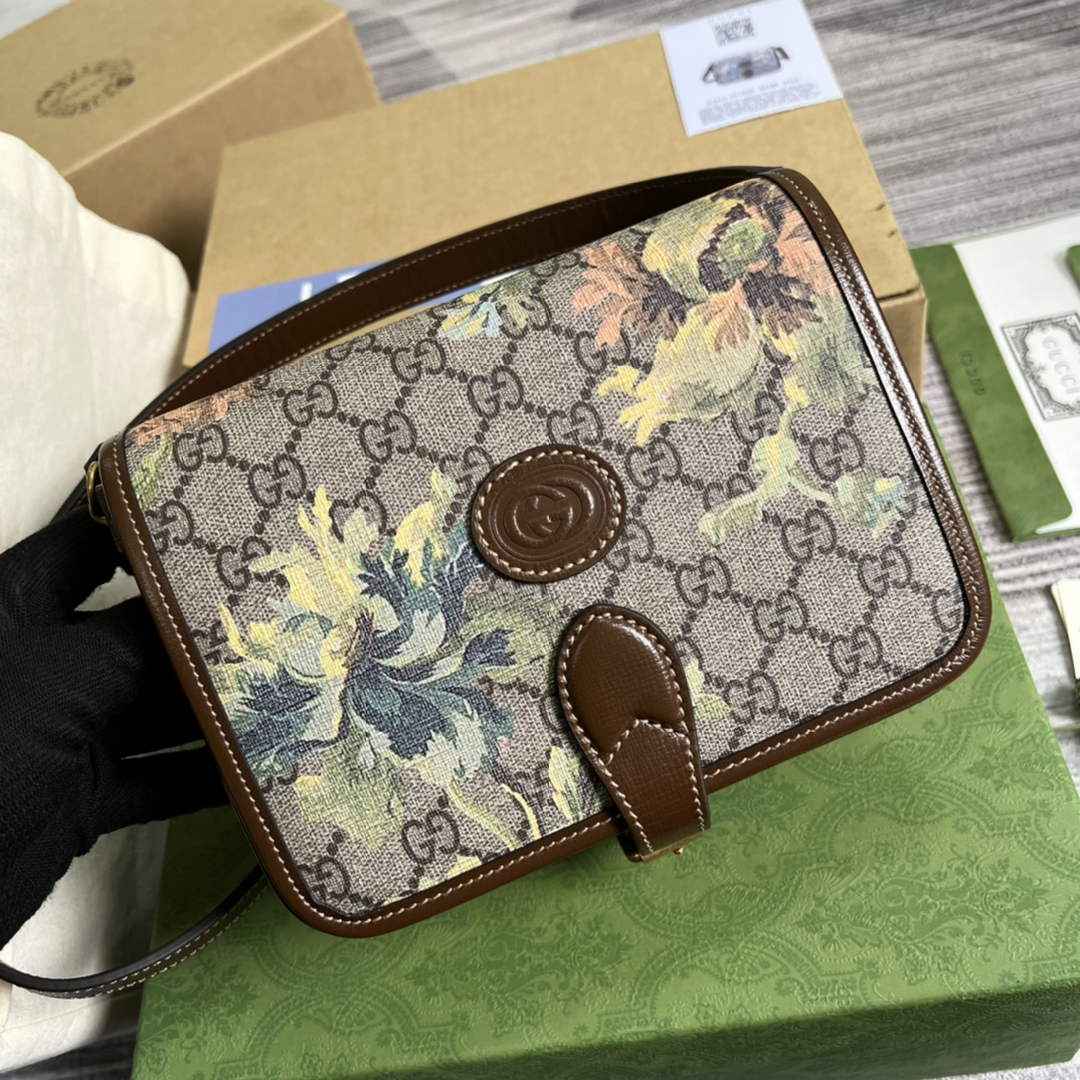 Gucci 671620 Mini shoulder bag with Interlocking G Brown flowers leather