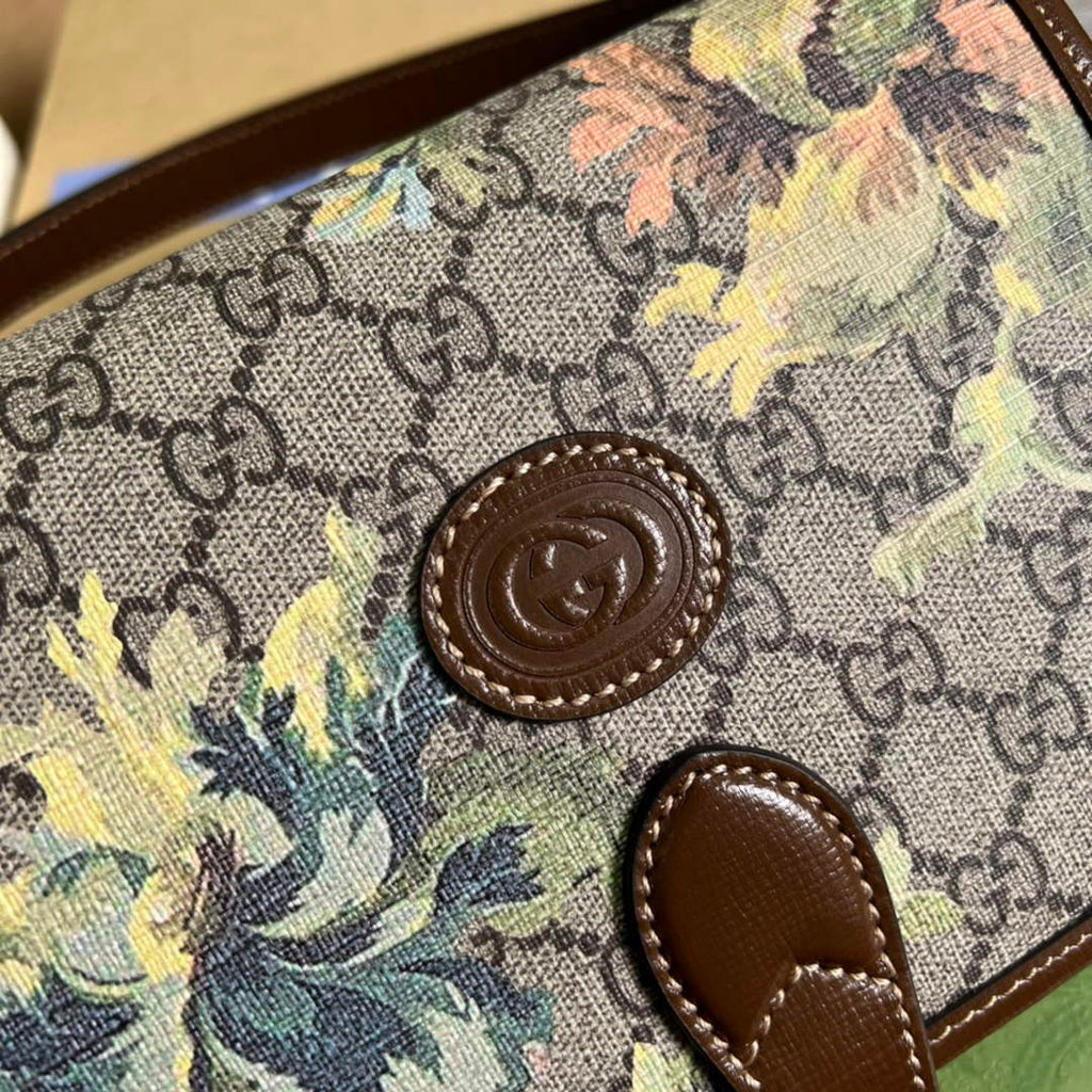 Gucci 671620 Mini shoulder bag with Interlocking G Brown flowers leather