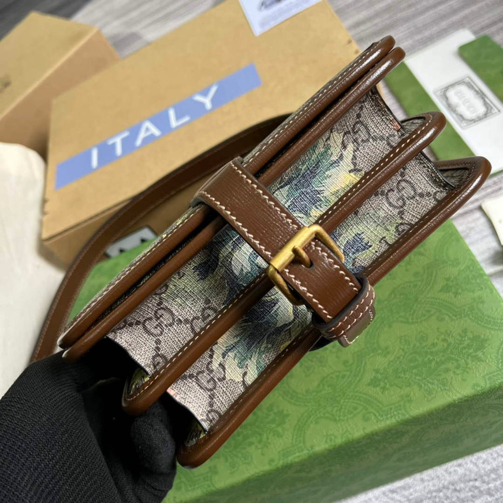 Gucci 671620 Mini shoulder bag with Interlocking G Brown flowers leather