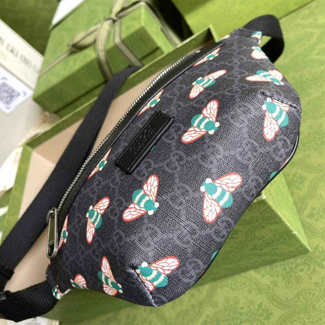 Gucci ‎675181 GG belt bag with Bee print Black leather