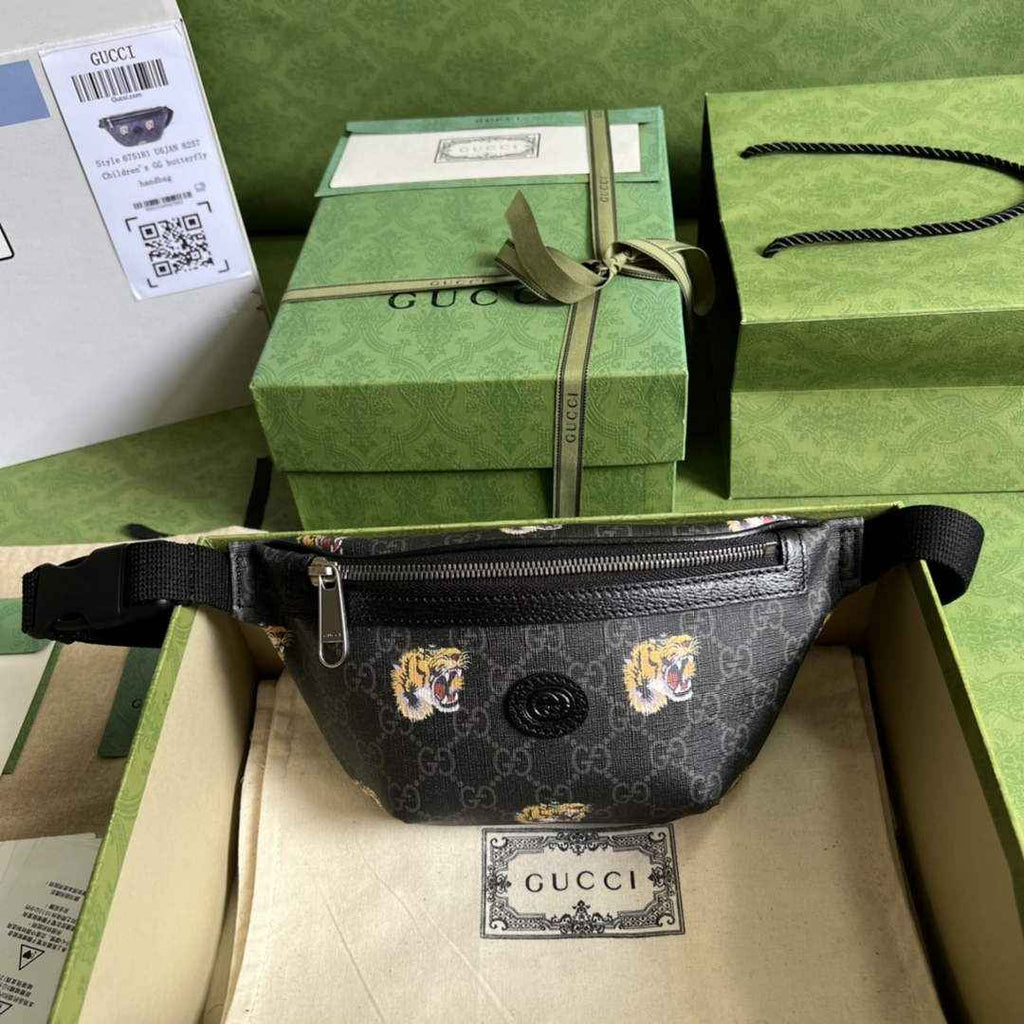 Gucci ‎675181 GG belt bag with tiger print Black leather