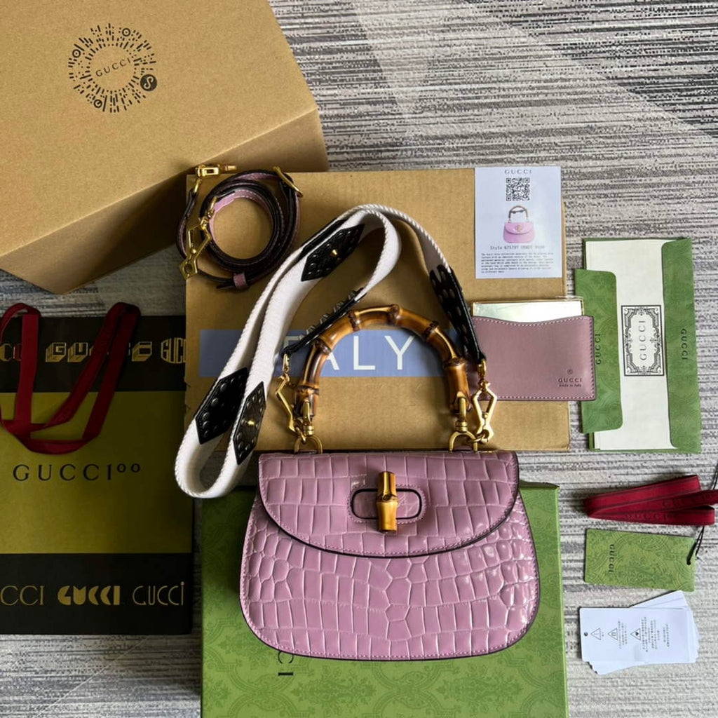 Gucci 675797 Bamboo1947 small top handle bag Crocodile Purple