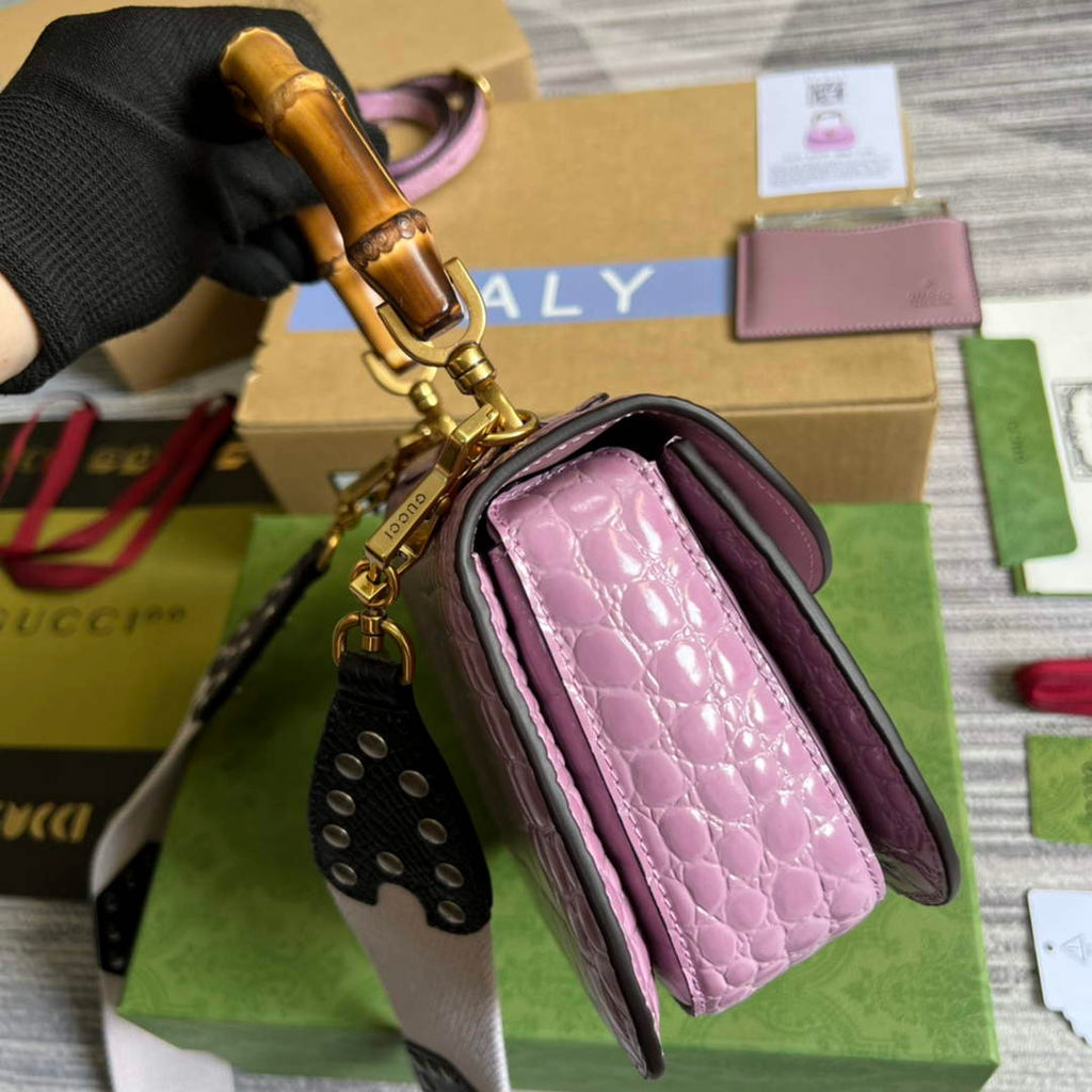 Gucci 675797 Bamboo1947 small top handle bag Crocodile Purple