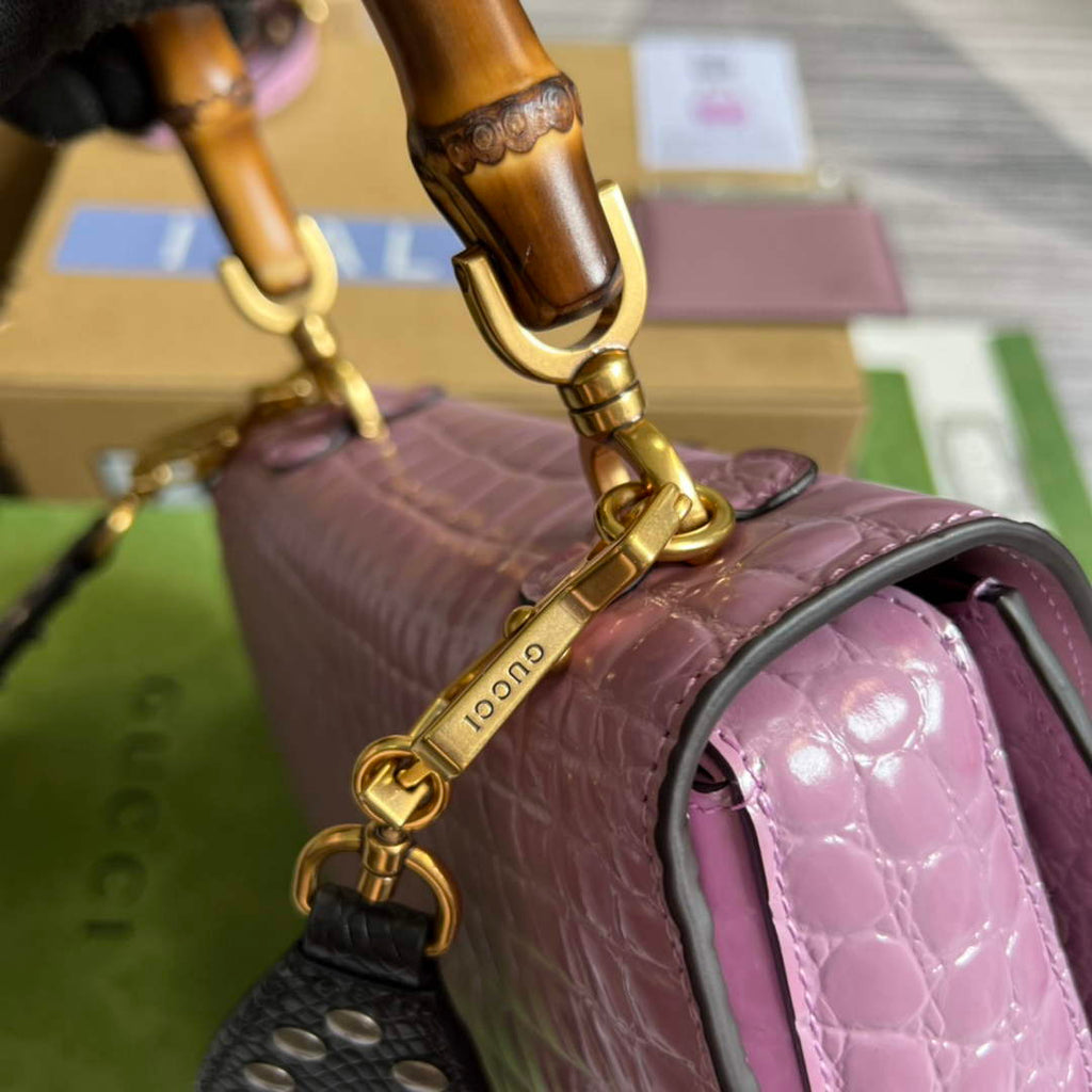 Gucci 675797 Bamboo1947 small top handle bag Crocodile Purple