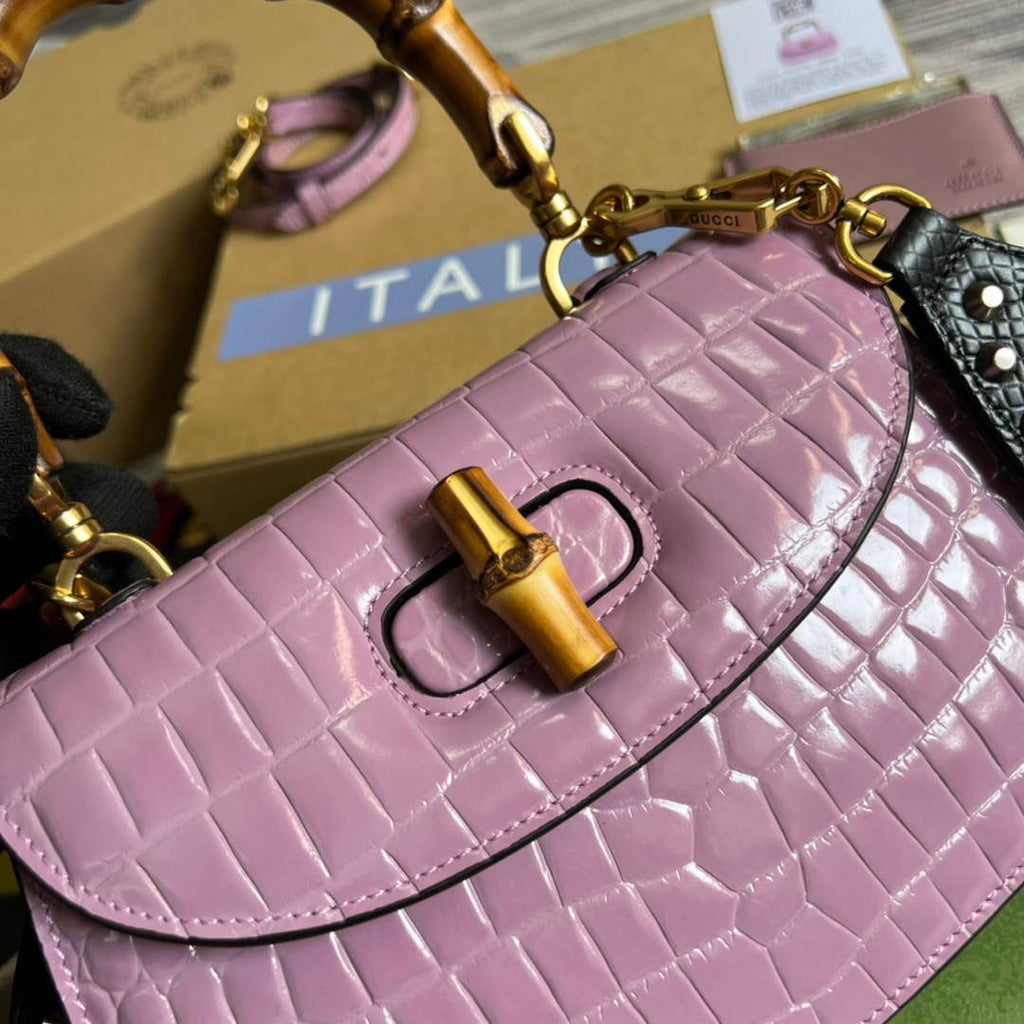 Gucci 675797 Bamboo1947 small top handle bag Crocodile Purple