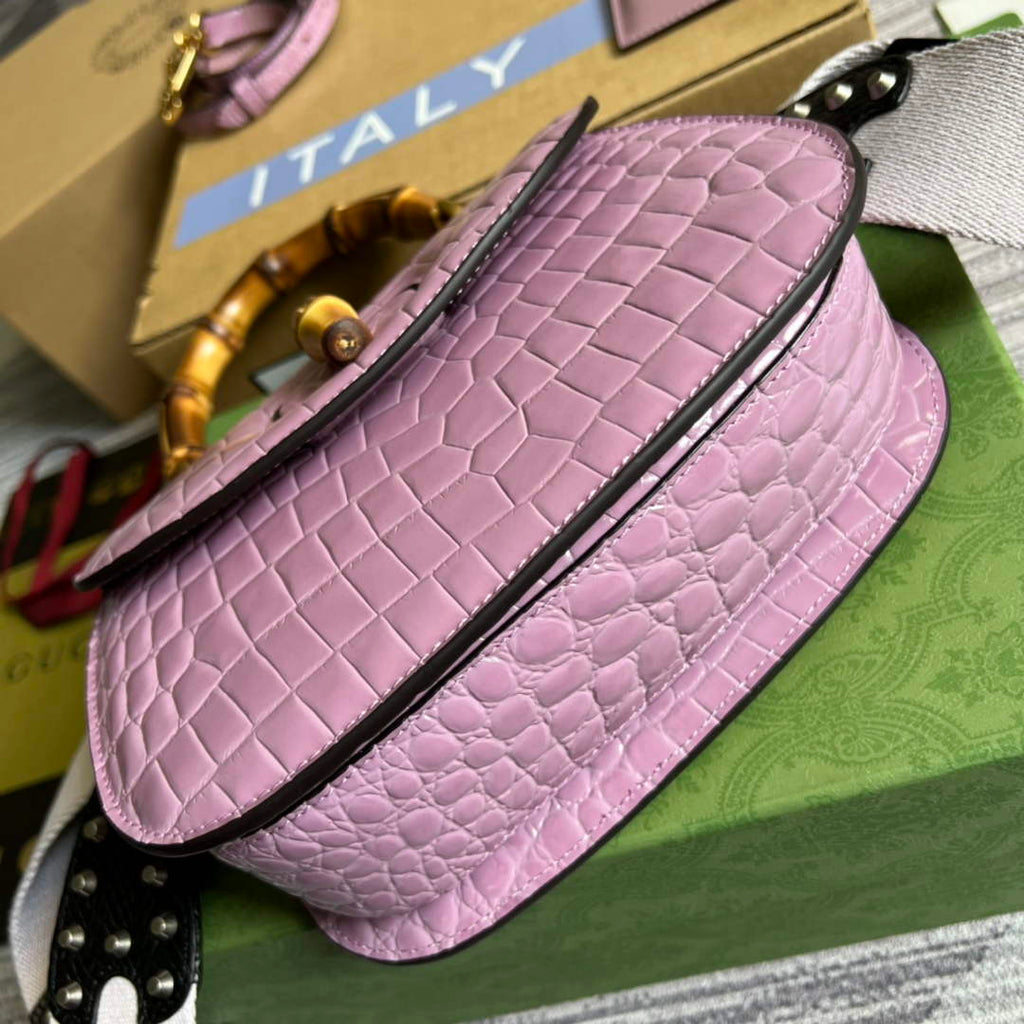 Gucci 675797 Bamboo1947 small top handle bag Crocodile Purple