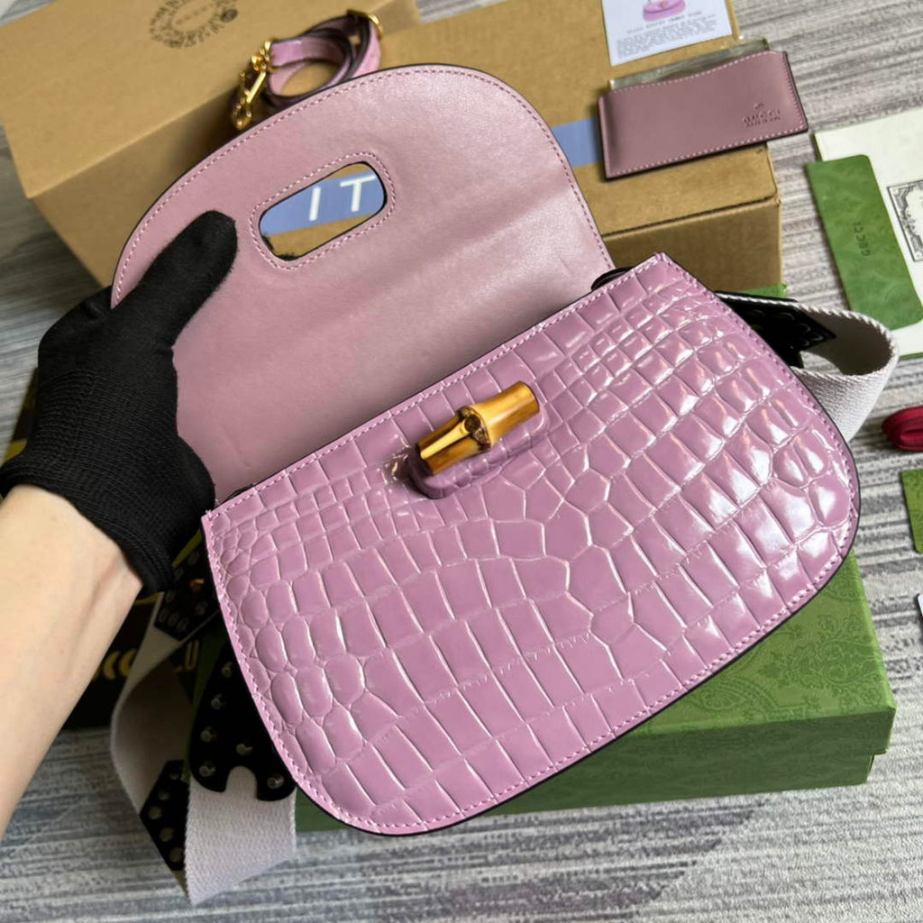 Gucci 675797 Bamboo1947 small top handle bag Crocodile Purple
