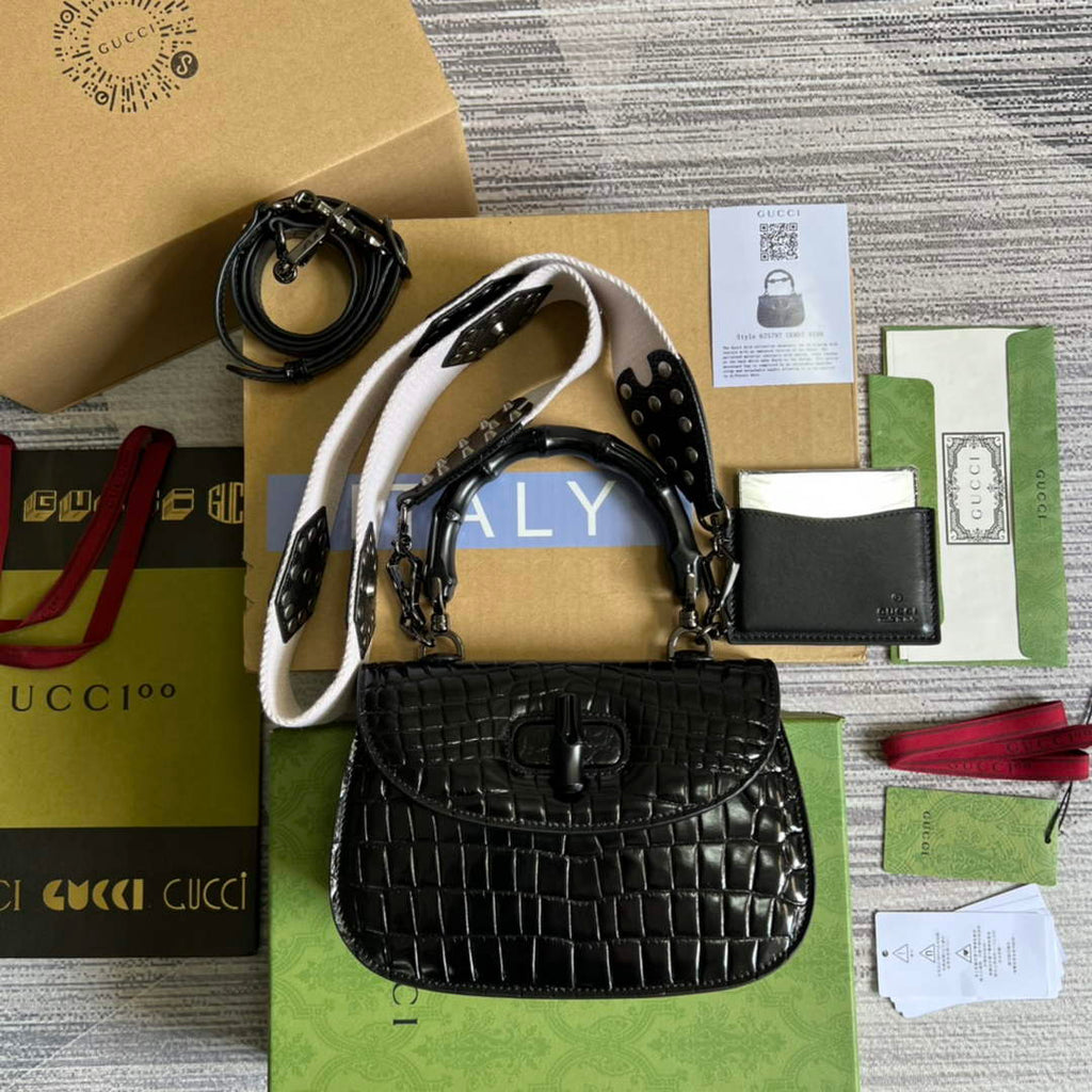 Gucci 675797 Bamboo1947 small top handle bag Crocodile Black