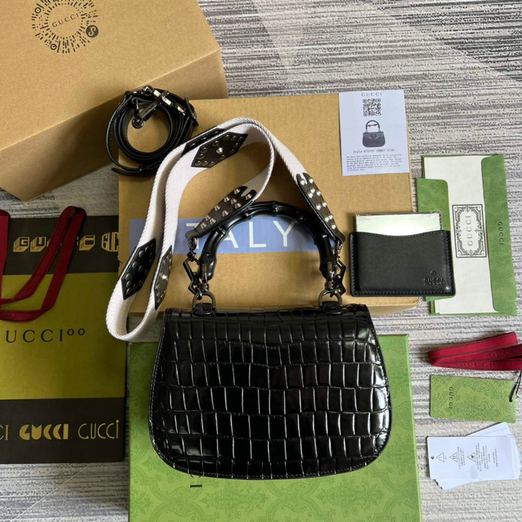 Gucci 675797 Bamboo1947 small top handle bag Crocodile Black