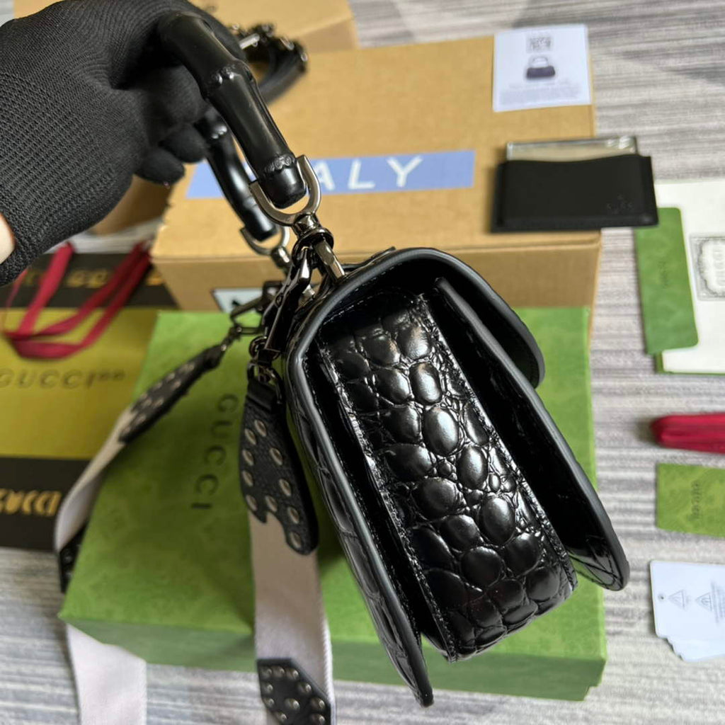 Gucci 675797 Bamboo1947 small top handle bag Crocodile Black