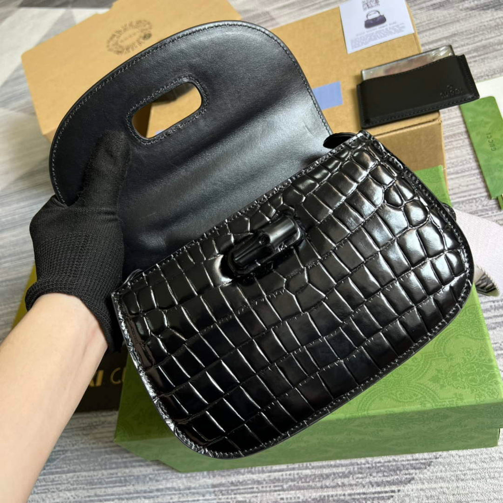 Gucci 675797 Bamboo1947 small top handle bag Crocodile Black