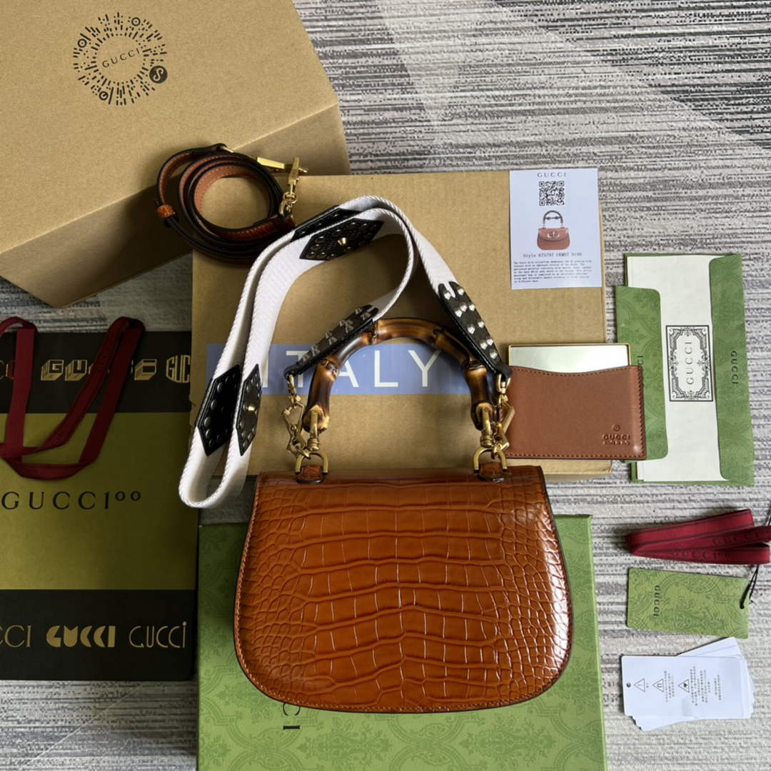 Gucci 675797 Bamboo1947 small top handle bag Crocodile Brown