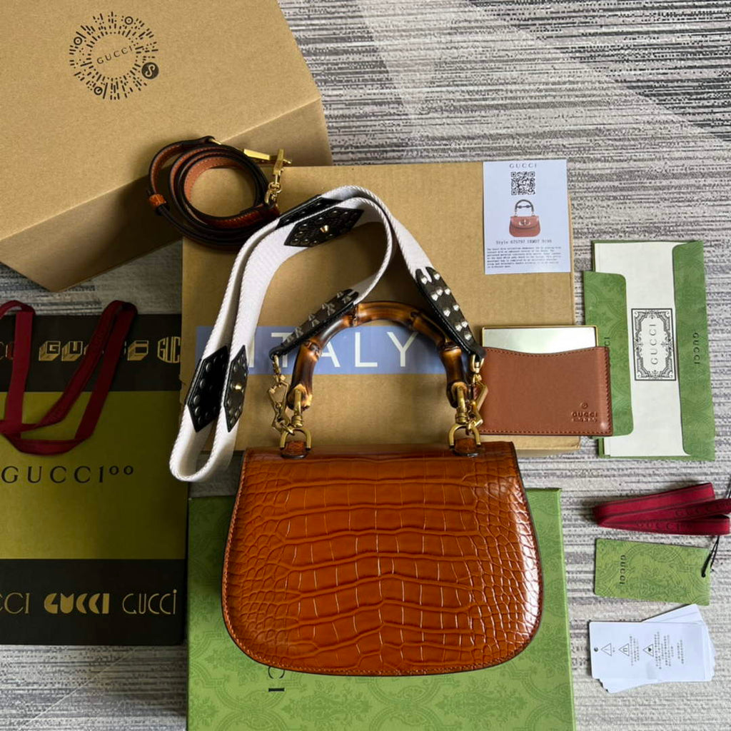 Gucci 675797 Bamboo1947 small top handle bag Crocodile Brown