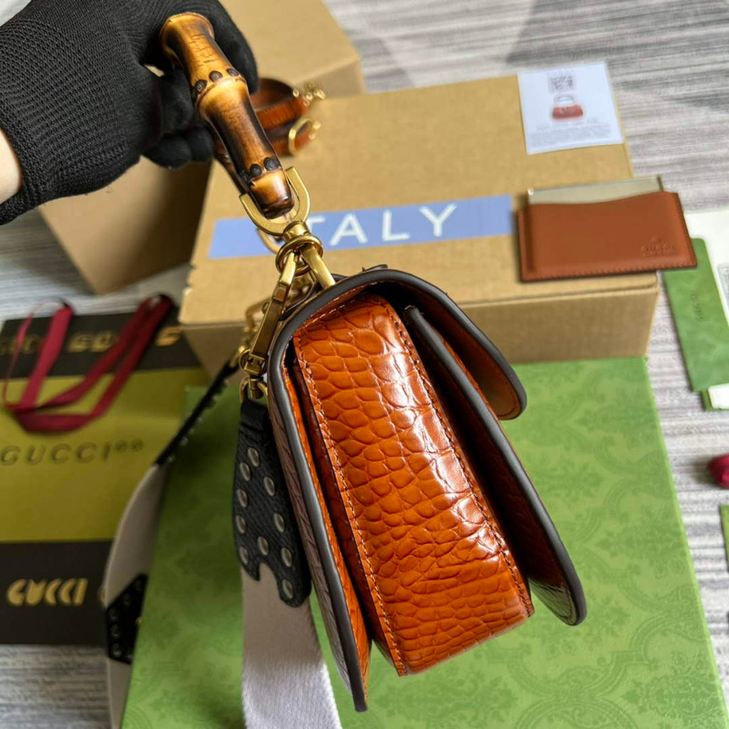 Gucci 675797 Bamboo1947 small top handle bag Crocodile Brown