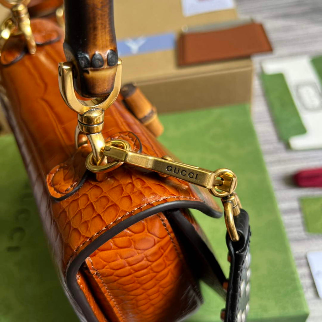 Gucci 675797 Bamboo1947 small top handle bag Crocodile Brown