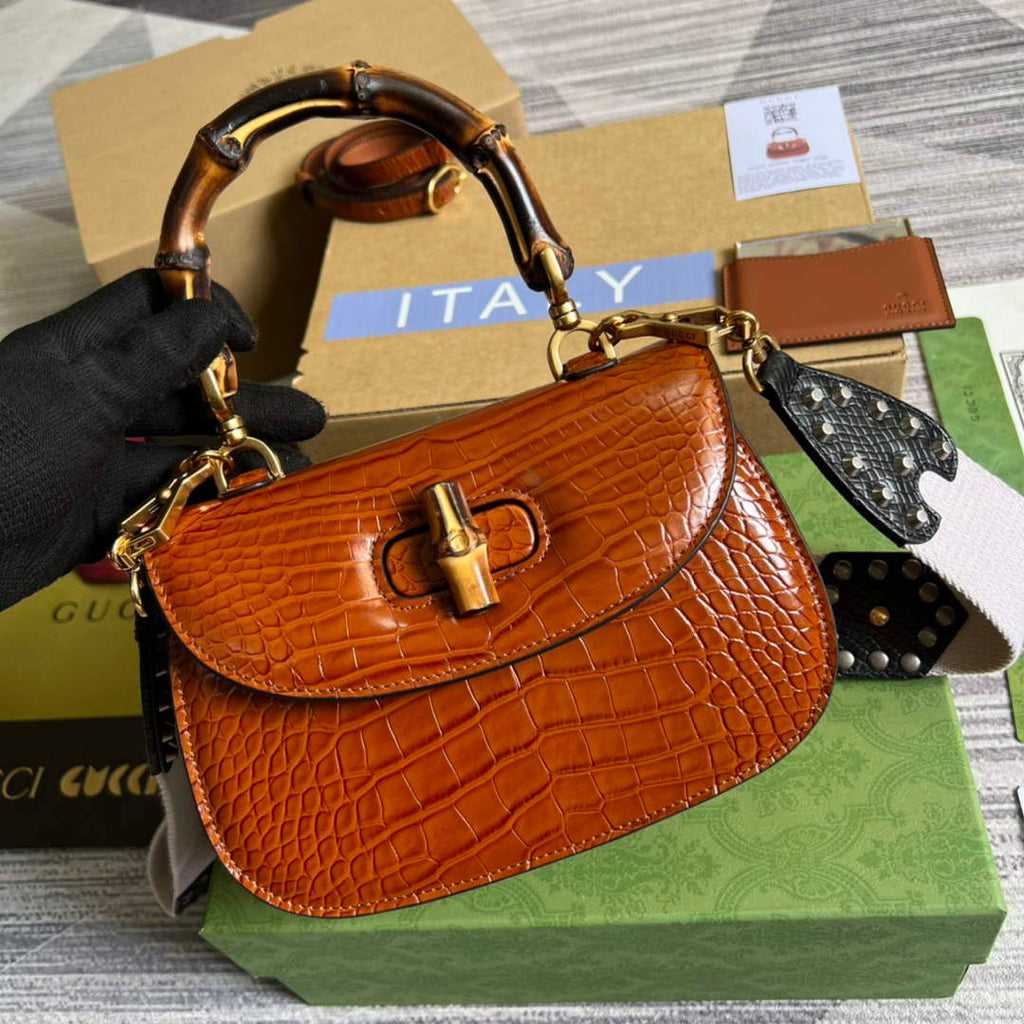 Gucci 675797 Bamboo1947 small top handle bag Crocodile Brown