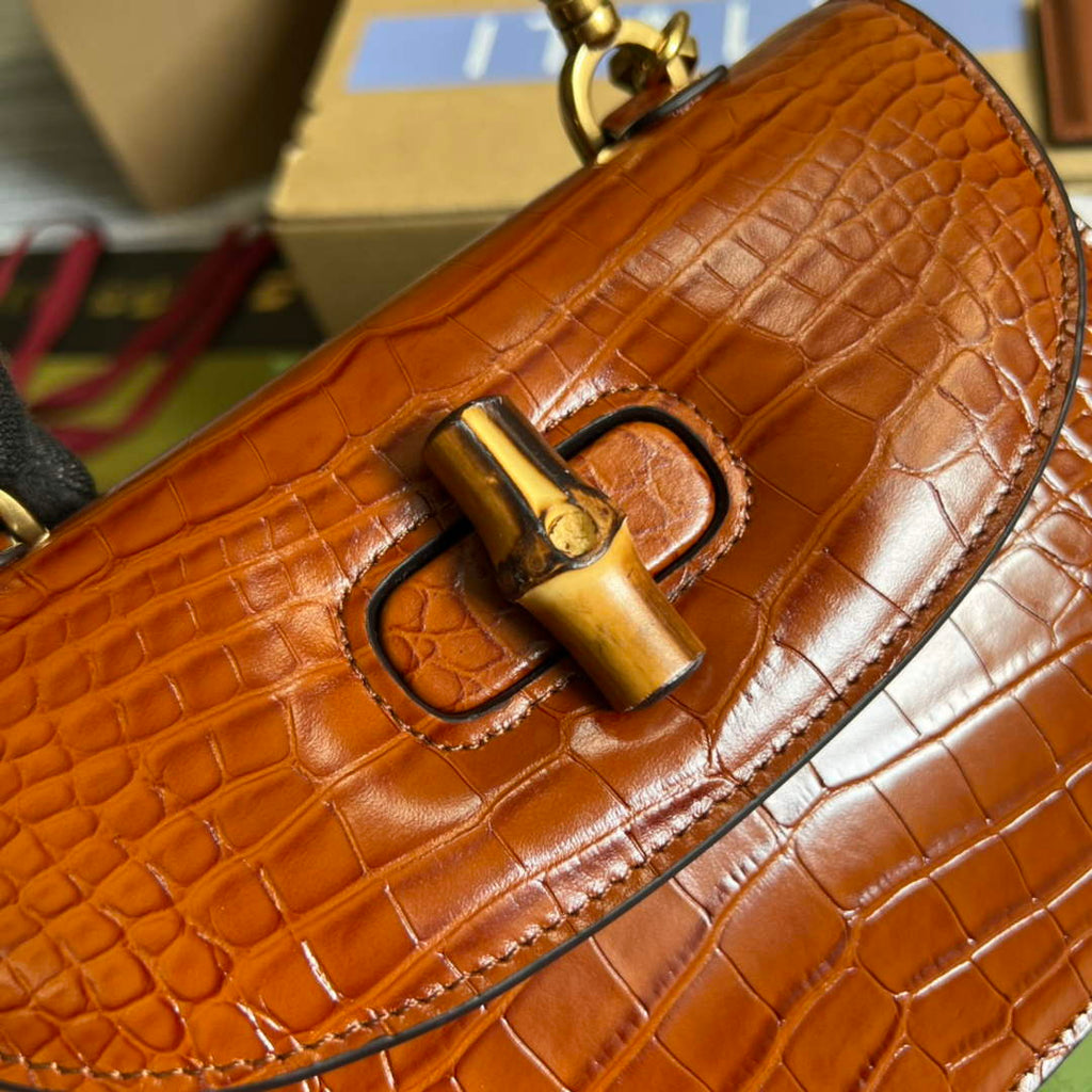 Gucci 675797 Bamboo1947 small top handle bag Crocodile Brown