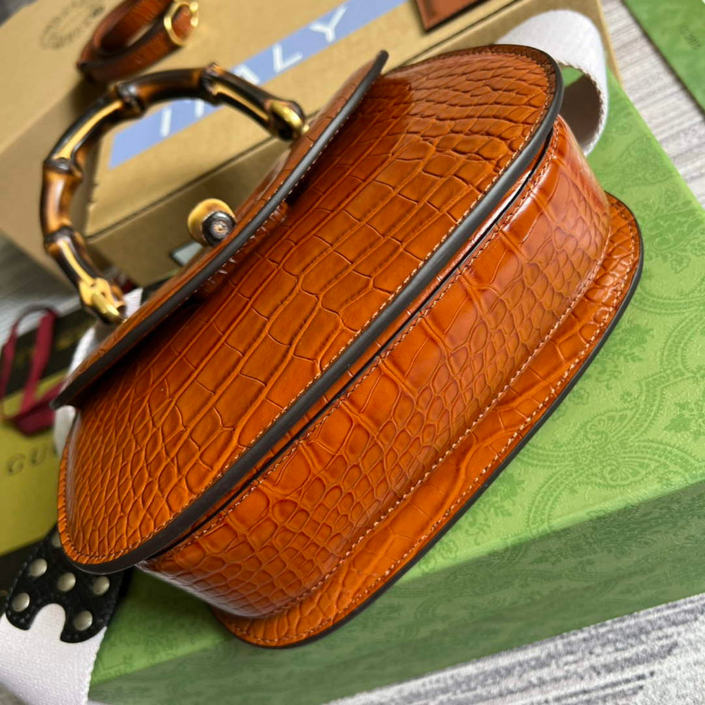 Gucci 675797 Bamboo1947 small top handle bag Crocodile Brown