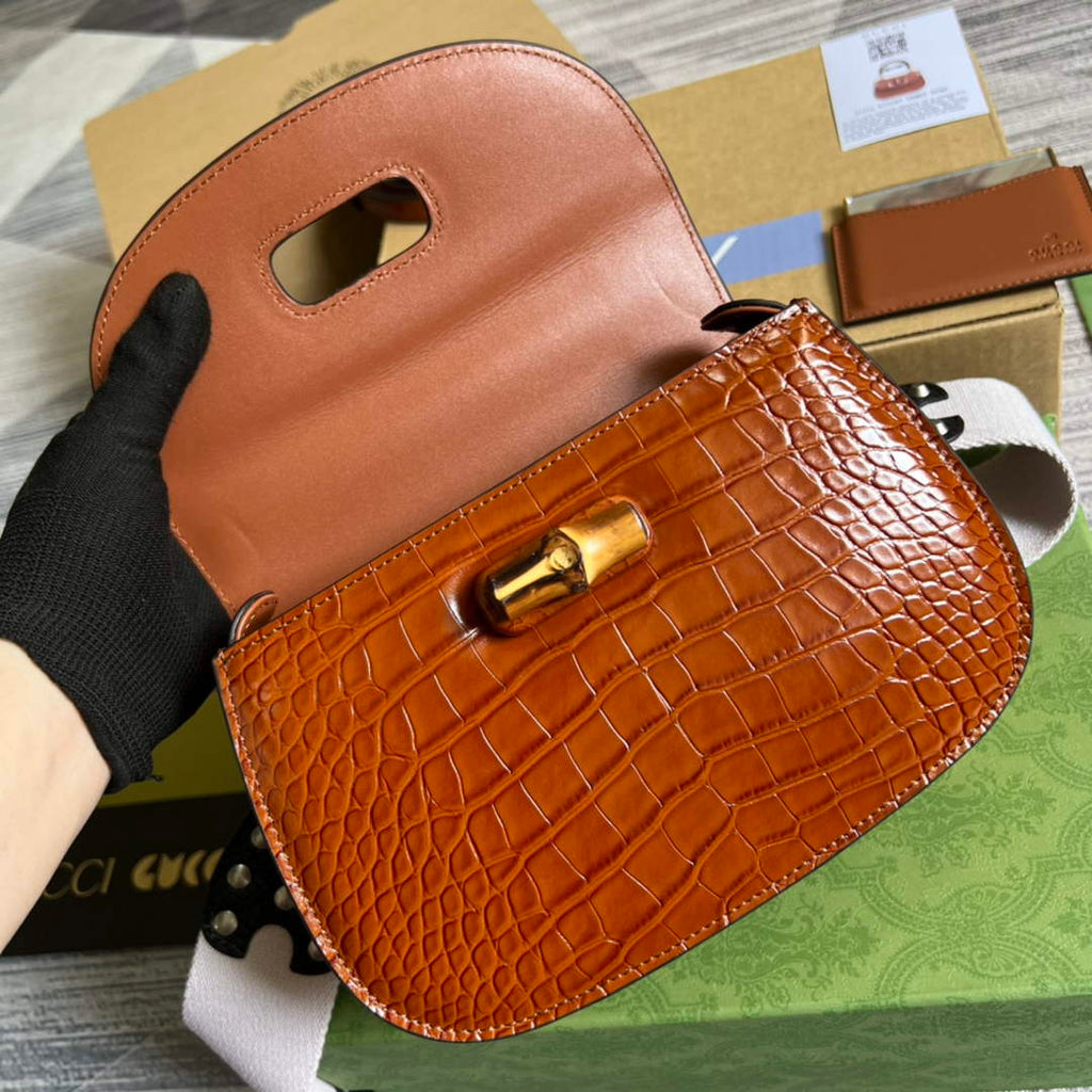 Gucci 675797 Bamboo1947 small top handle bag Crocodile Brown
