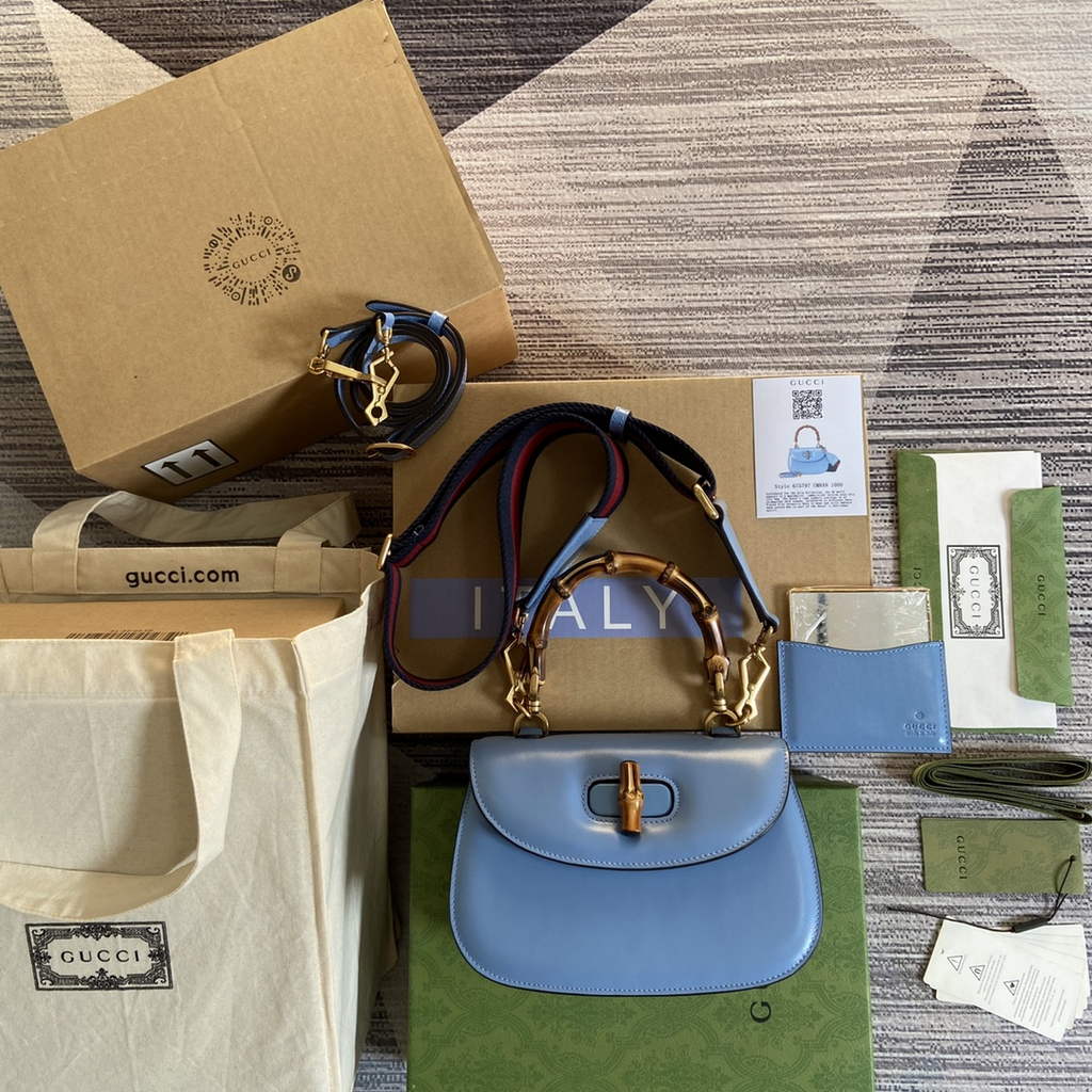 Gucci 675797 Bamboo1947 small top handle bag Blue Leather