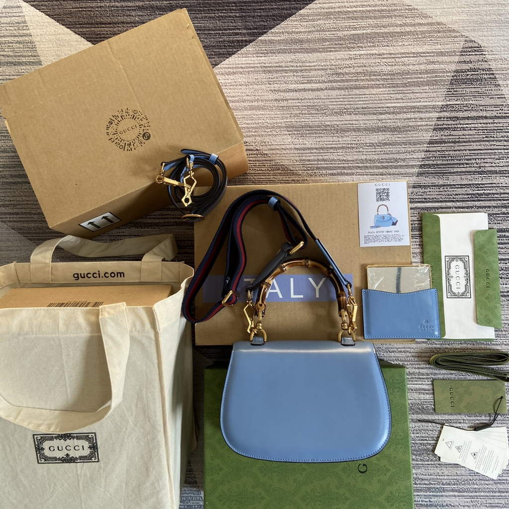 Gucci 675797 Bamboo1947 small top handle bag Blue Leather