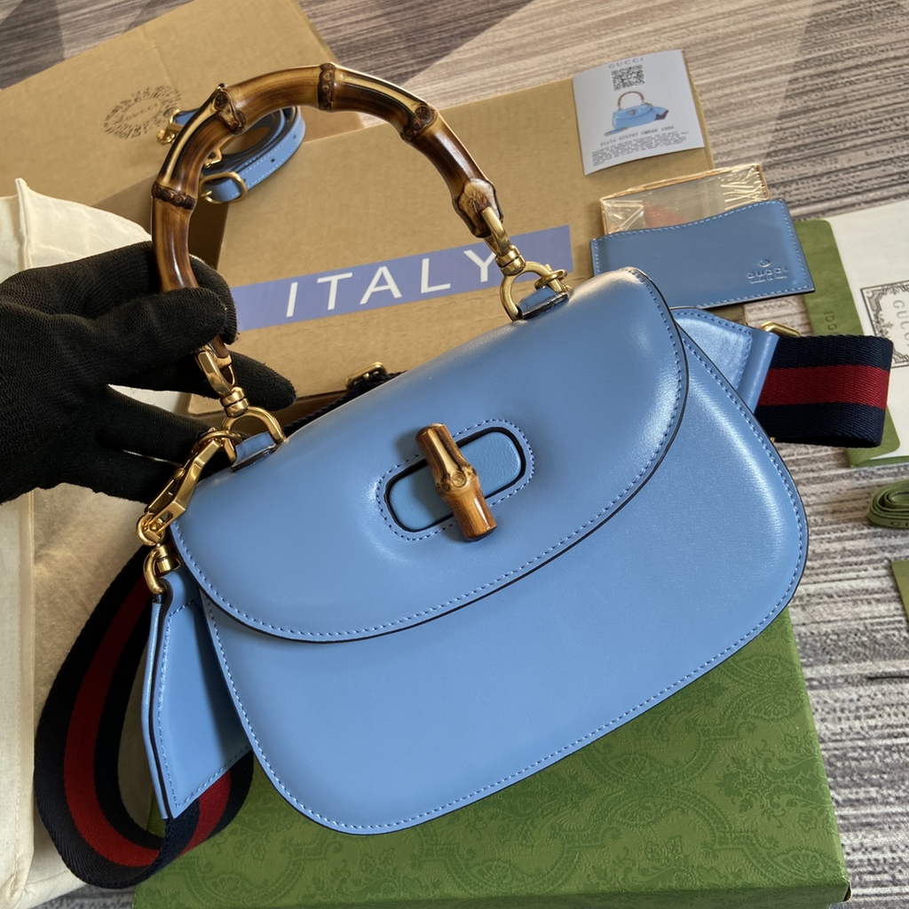 Gucci 675797 Bamboo1947 small top handle bag Blue Leather