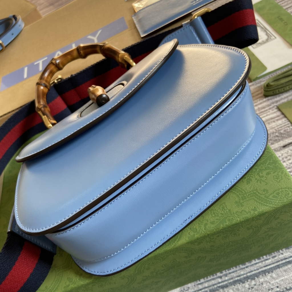 Gucci 675797 Bamboo1947 small top handle bag Blue Leather