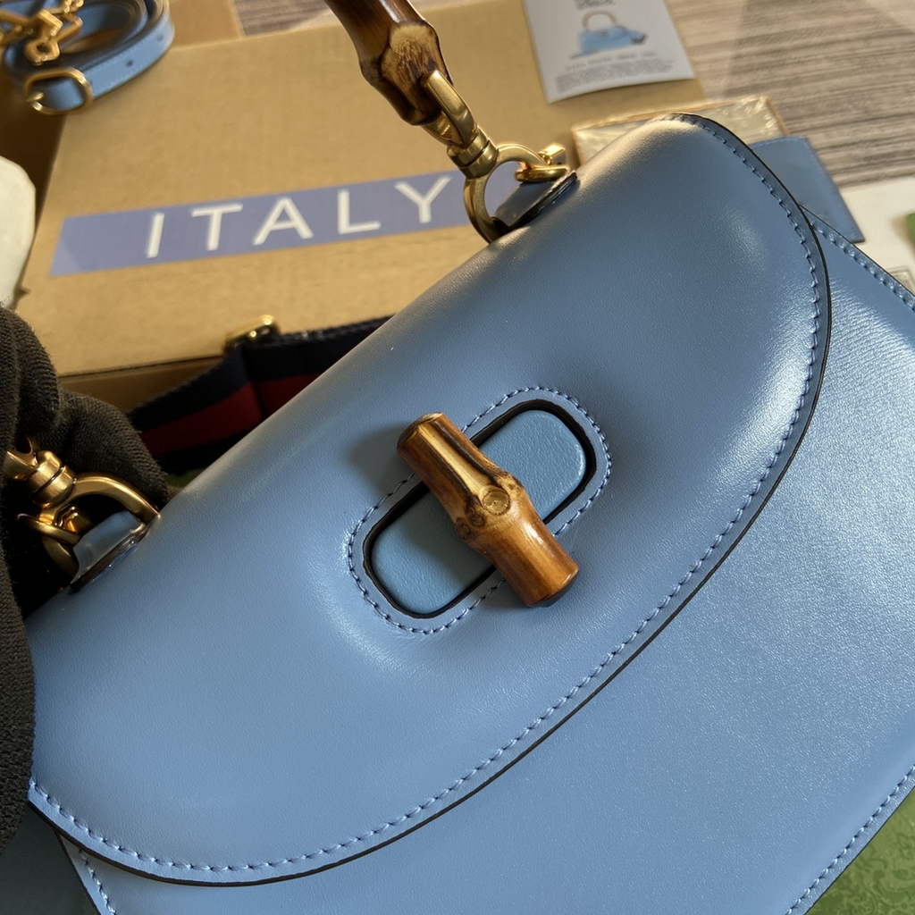 Gucci 675797 Bamboo1947 small top handle bag Blue Leather