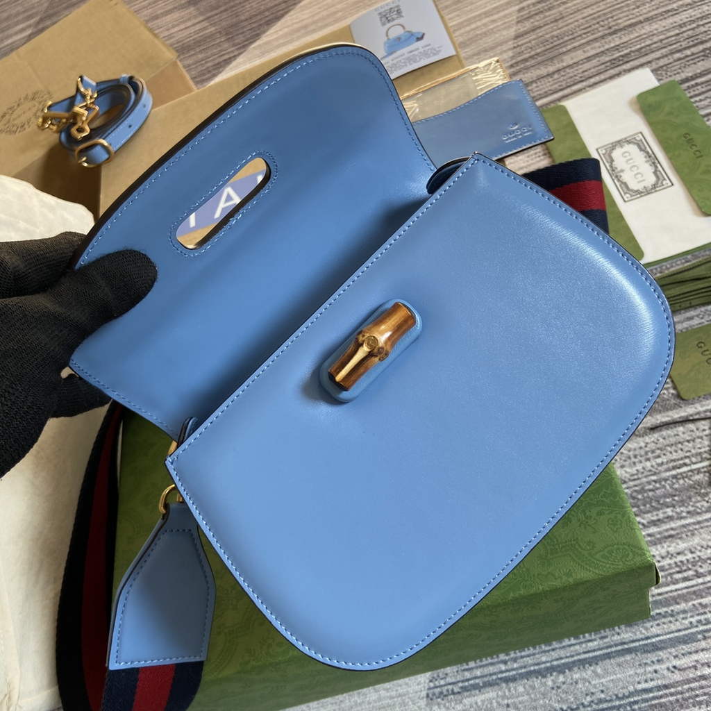 Gucci 675797 Bamboo1947 small top handle bag Blue Leather