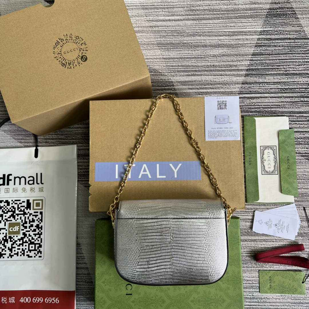 Gucci 675801 Horsebit 1955 lizard mini bag silver leather