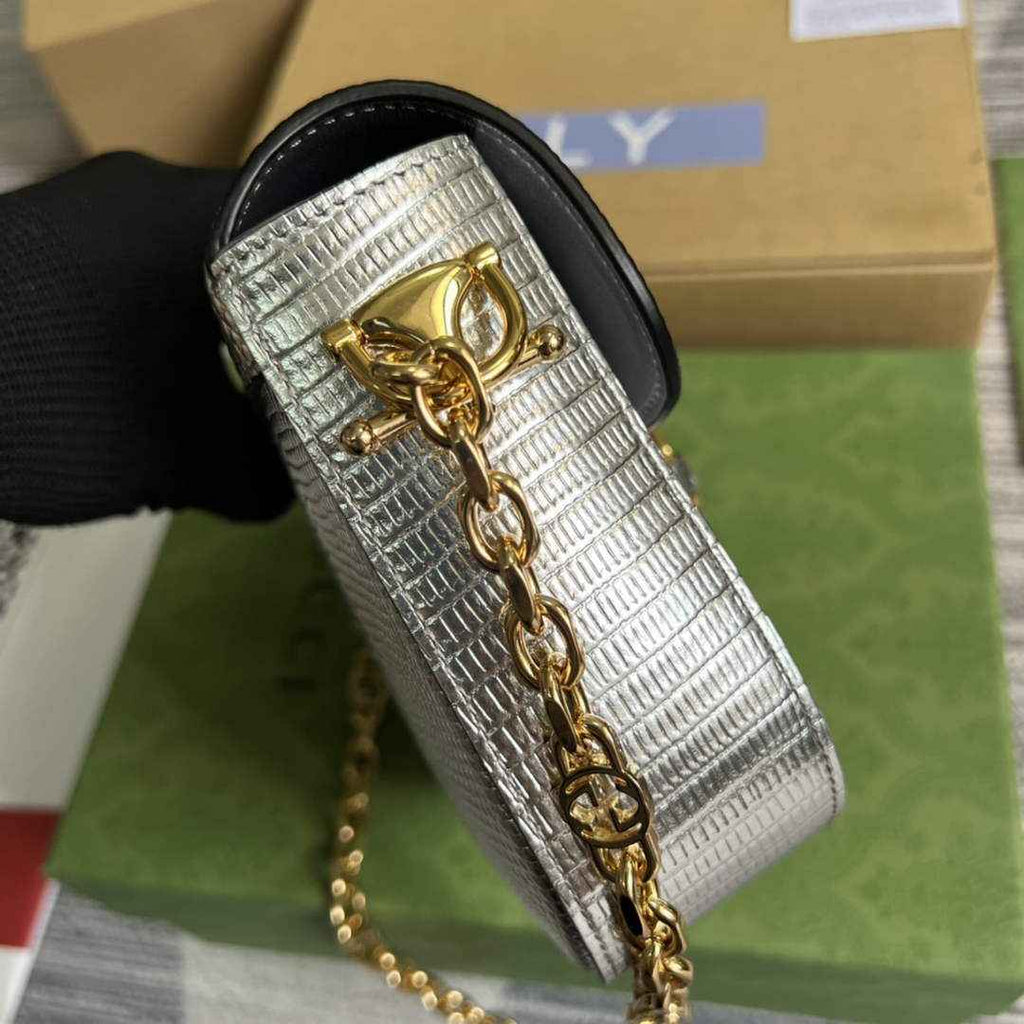 Gucci 675801 Horsebit 1955 lizard mini bag silver leather