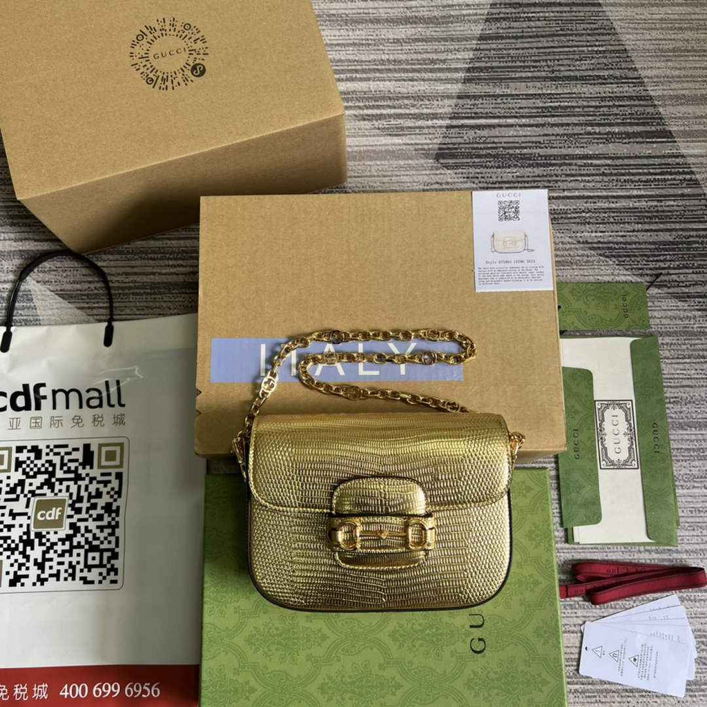 Gucci 675801 Horsebit 1955 lizard mini bag gold leather