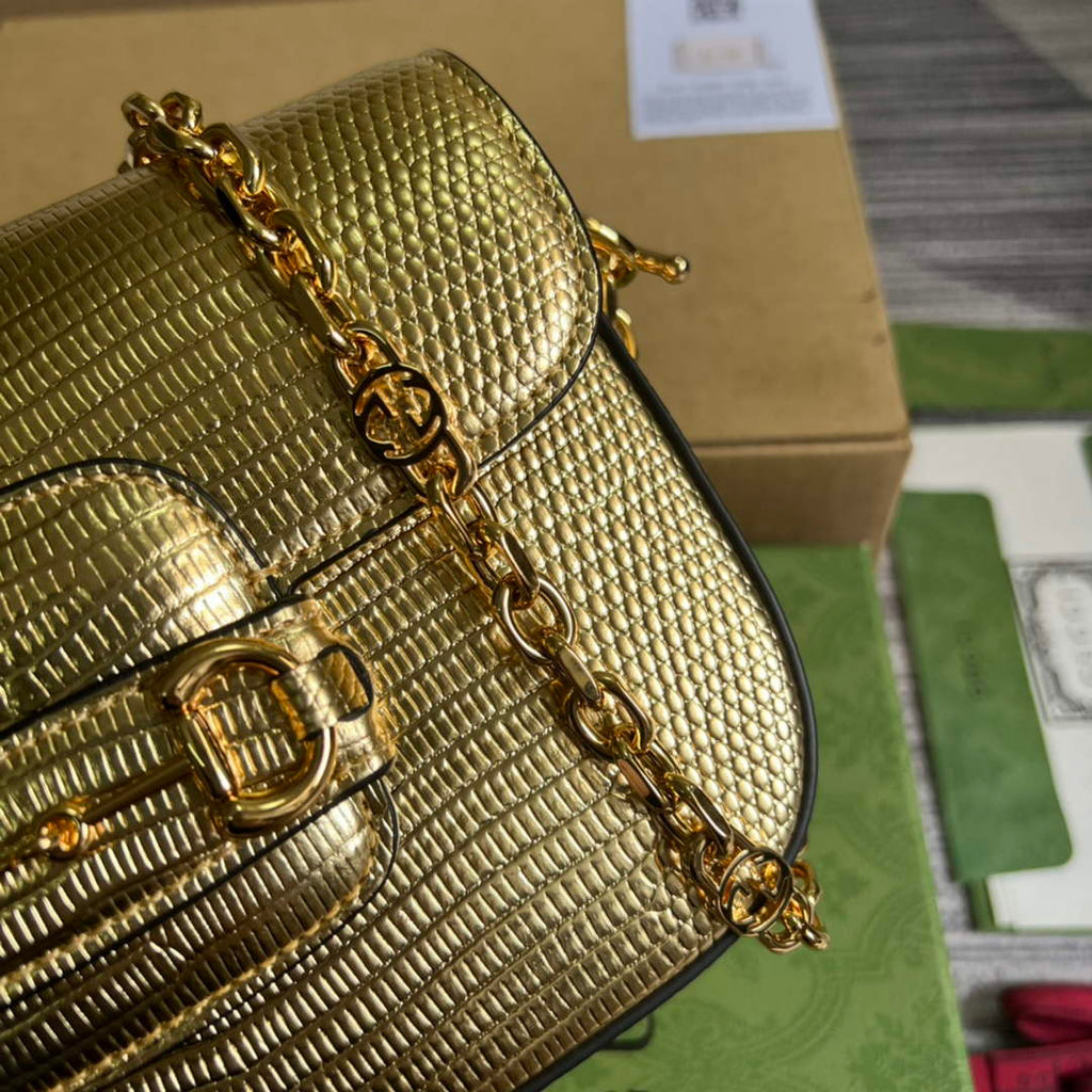 Gucci 675801 Horsebit 1955 lizard mini bag gold leather