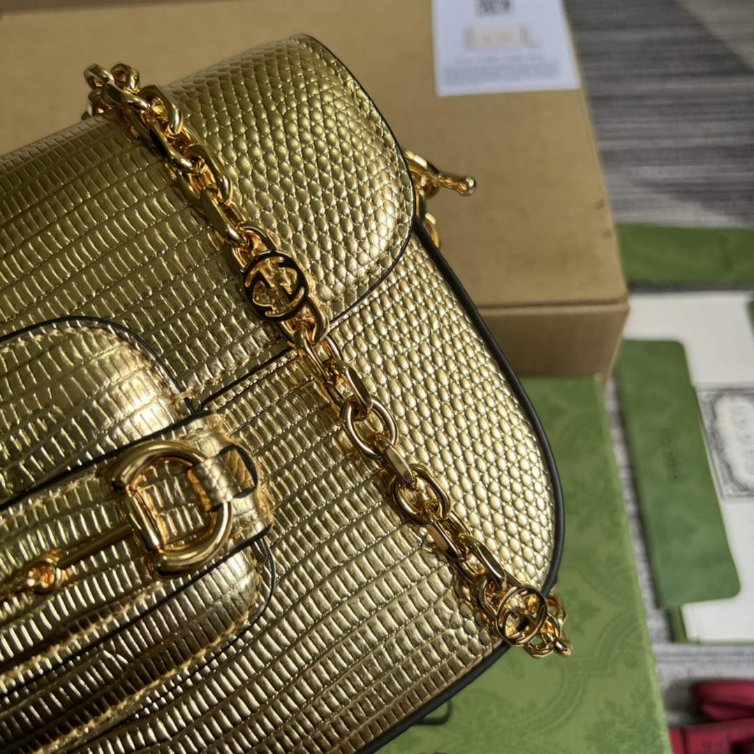 Gucci 675801 Horsebit 1955 lizard mini bag gold leather