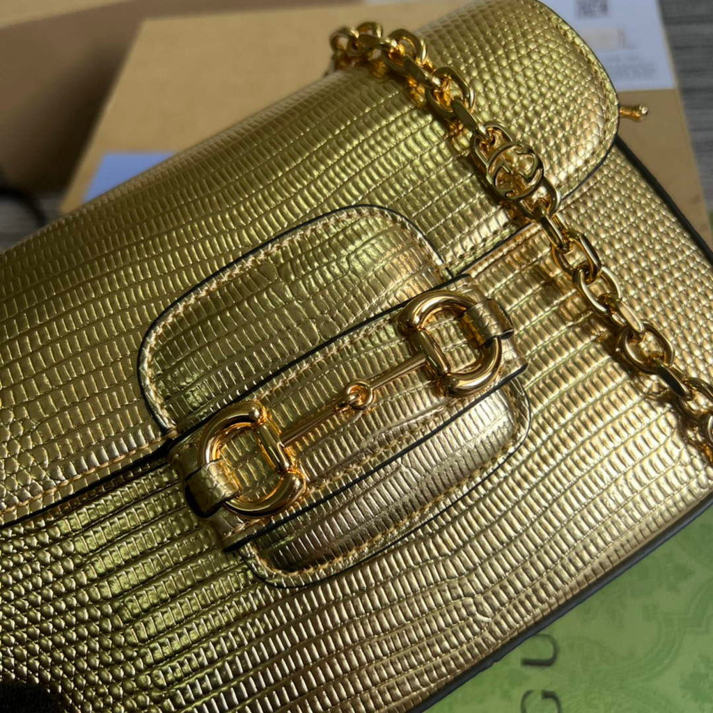Gucci 675801 Horsebit 1955 lizard mini bag gold leather