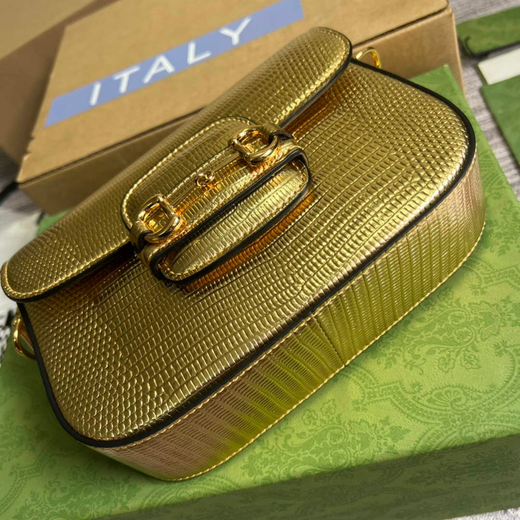 Gucci 675801 Horsebit 1955 lizard mini bag gold leather