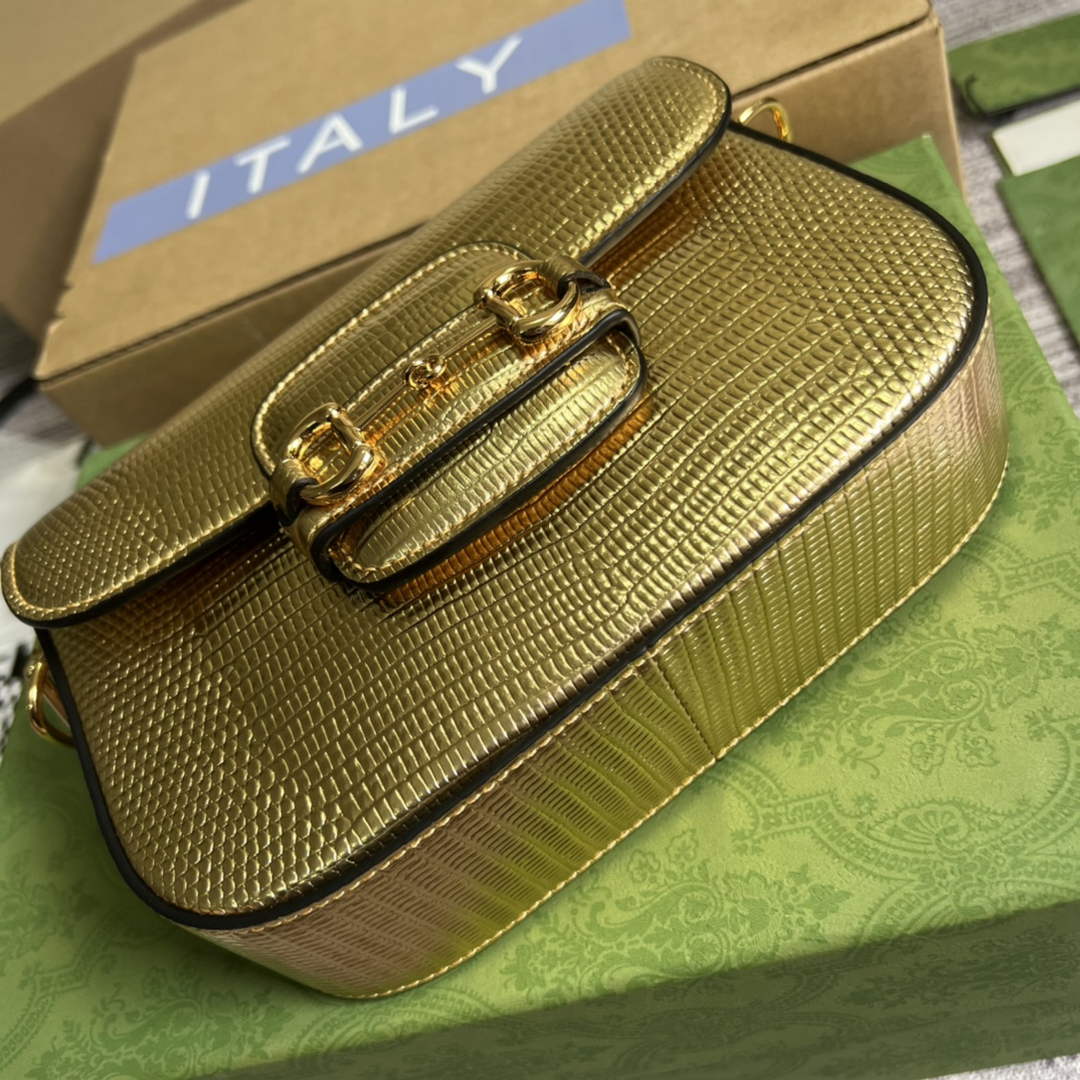 Gucci 675801 Horsebit 1955 lizard mini bag gold leather