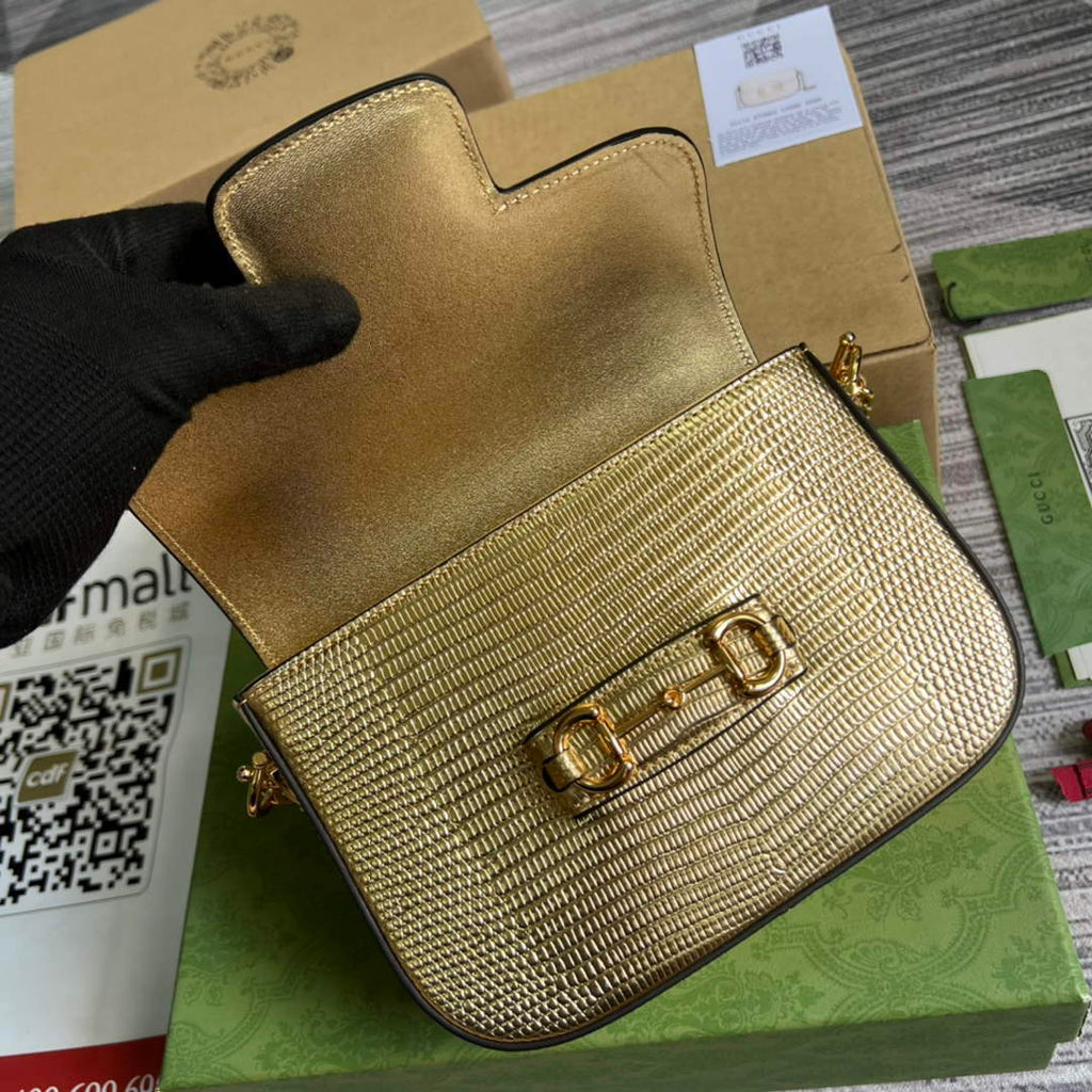 Gucci 675801 Horsebit 1955 lizard mini bag gold leather