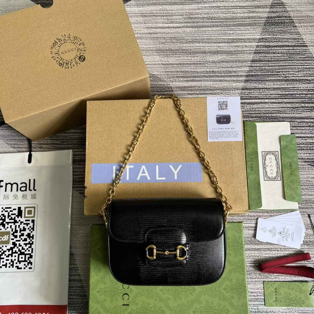 Gucci 675801 Horsebit 1955 lizard mini bag black leather
