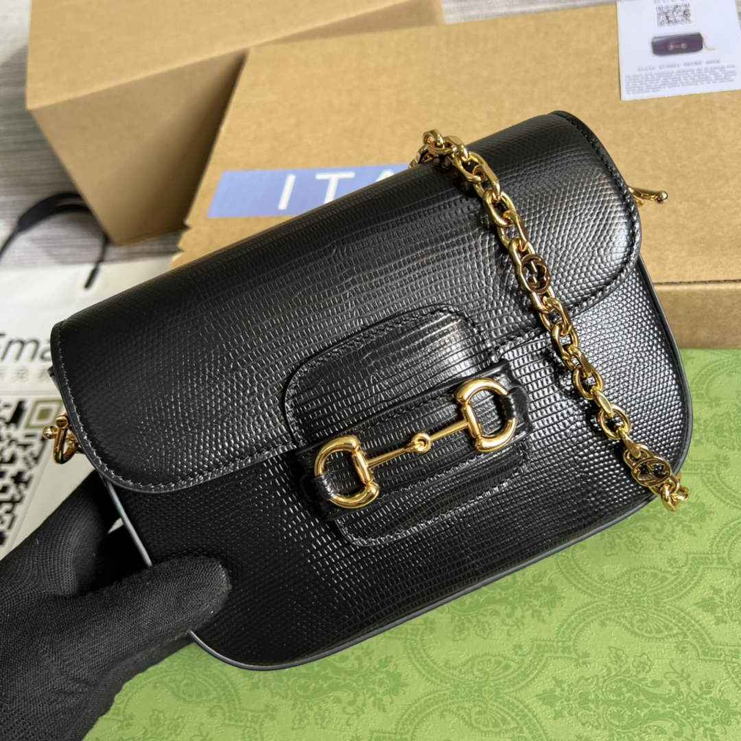 Gucci 675801 Horsebit 1955 lizard mini bag black leather